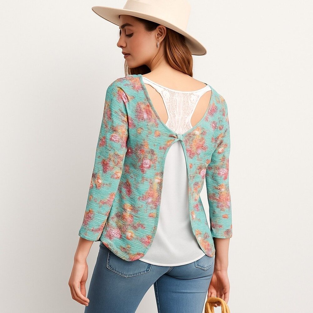 Womens Floral Open Back Lace Top Juniors Size Small Boho Y2K Fairy‎ Layered Look